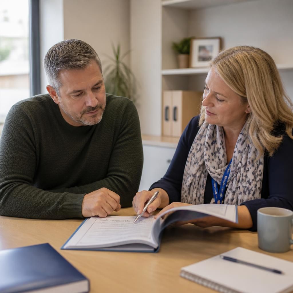 Foster carer reviewing training materials with a member of the fostering team