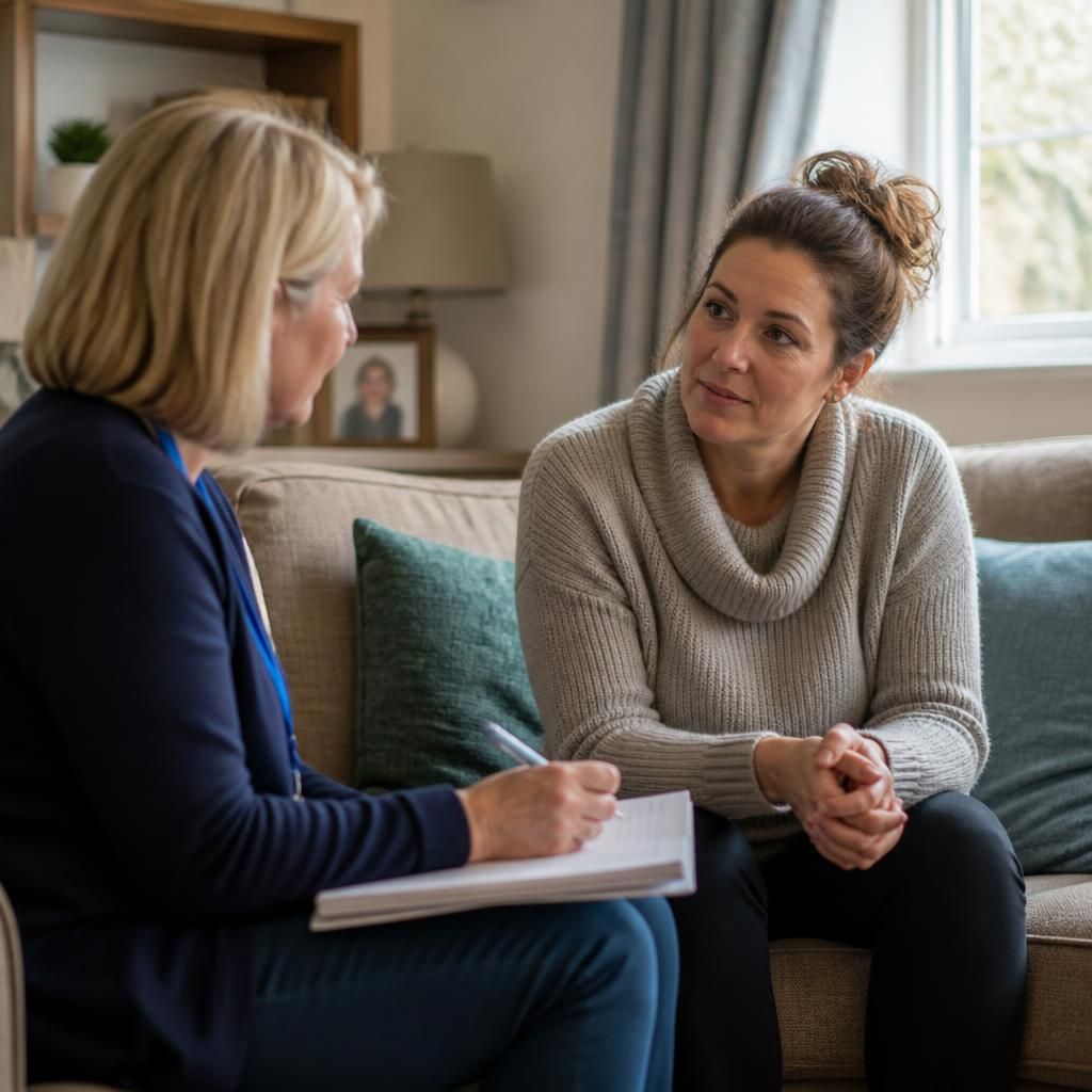 Foster carer speaking with a social worker at home