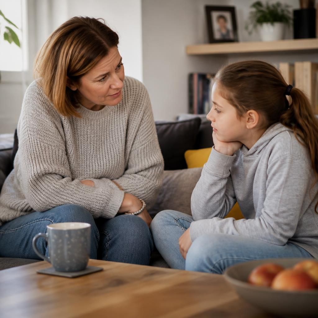 A foster carer listening attentively to a child at home