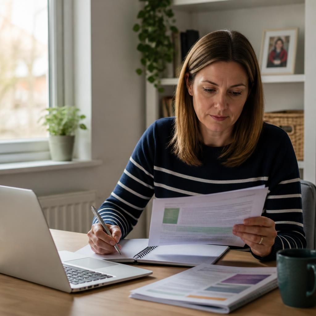 Working foster carer reviewing training materials at a desk