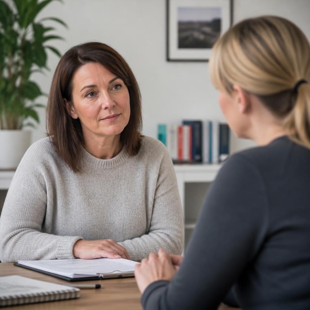 Kinship carer speaking with a professional during a meeting