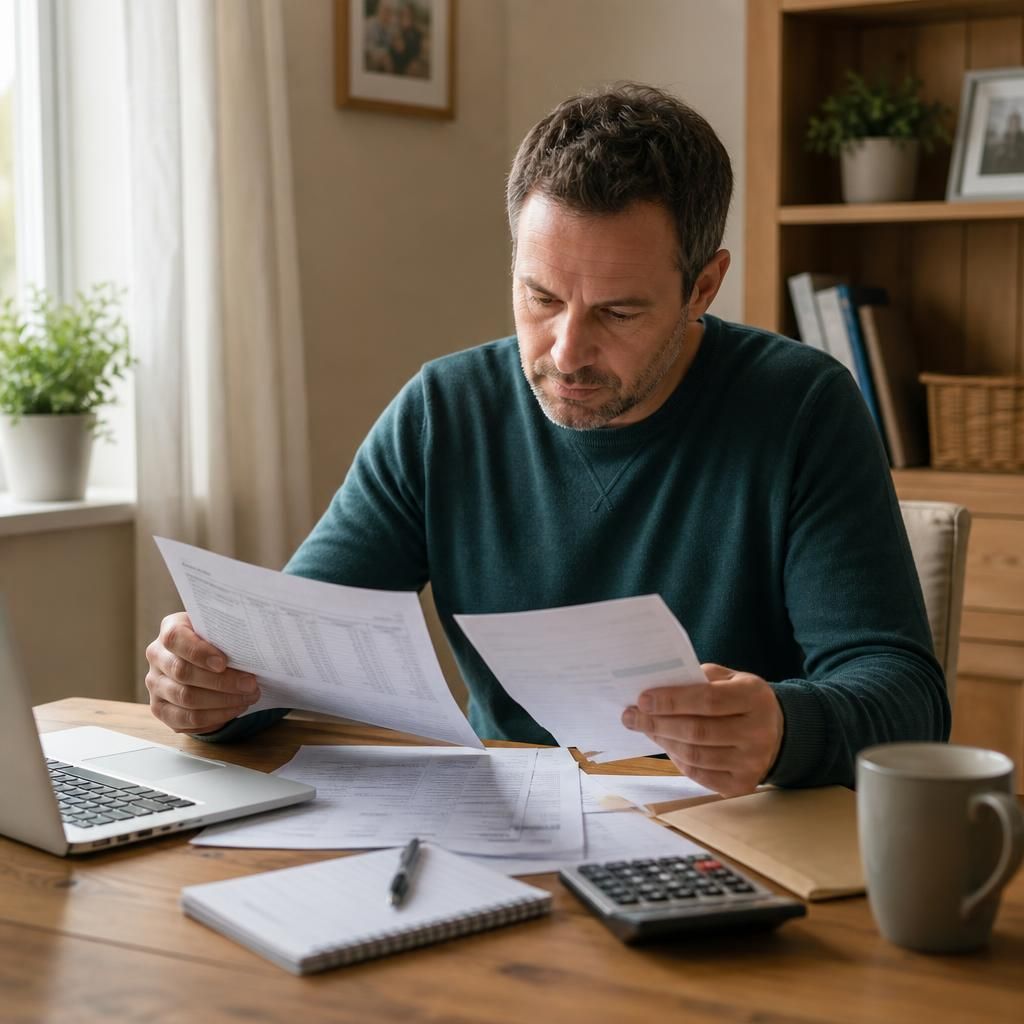 Foster carer reviewing payment statements and tax records at a desk