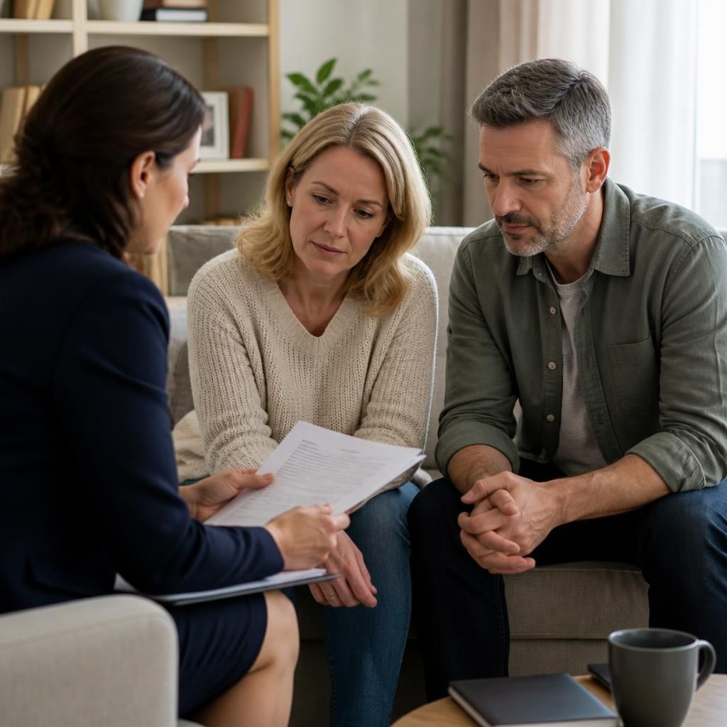 Prospective foster carers discussing assessment documents with a social worker