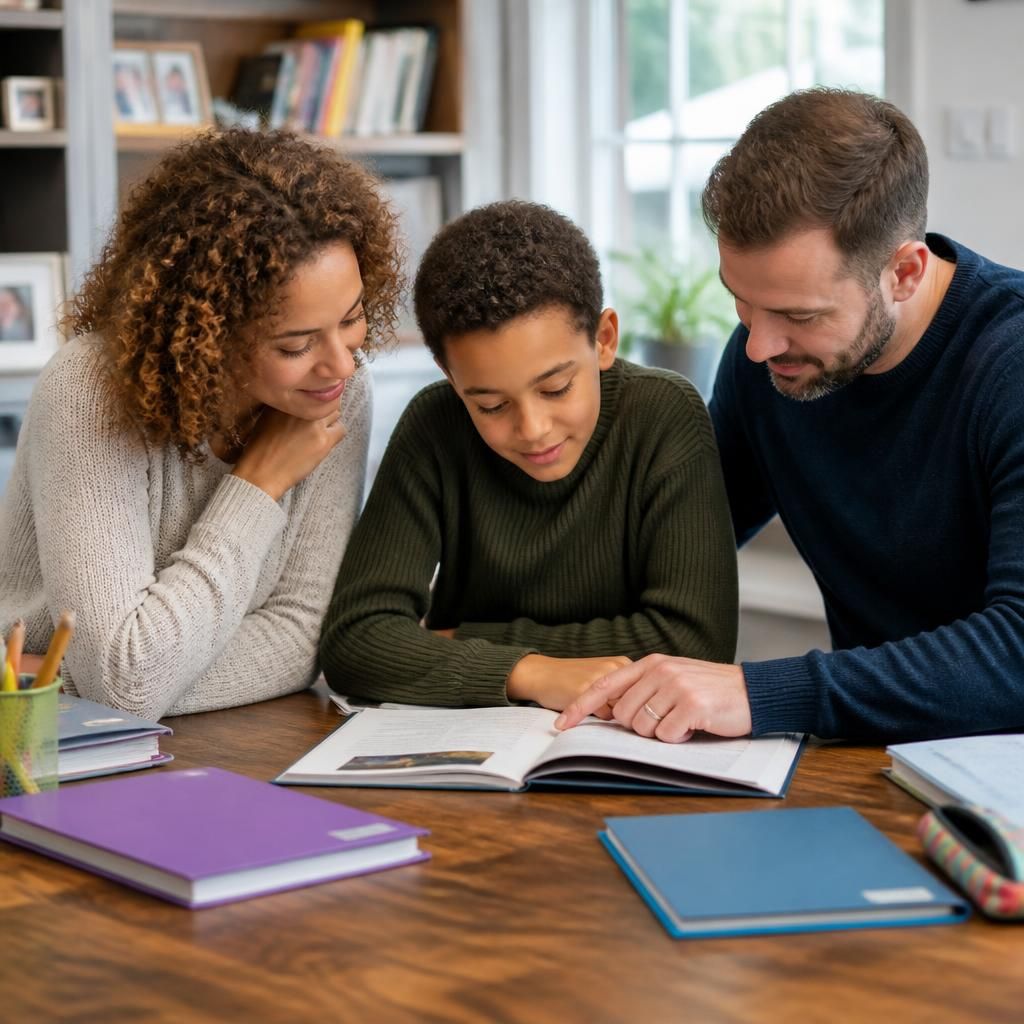 Family learning together with books and educational materials