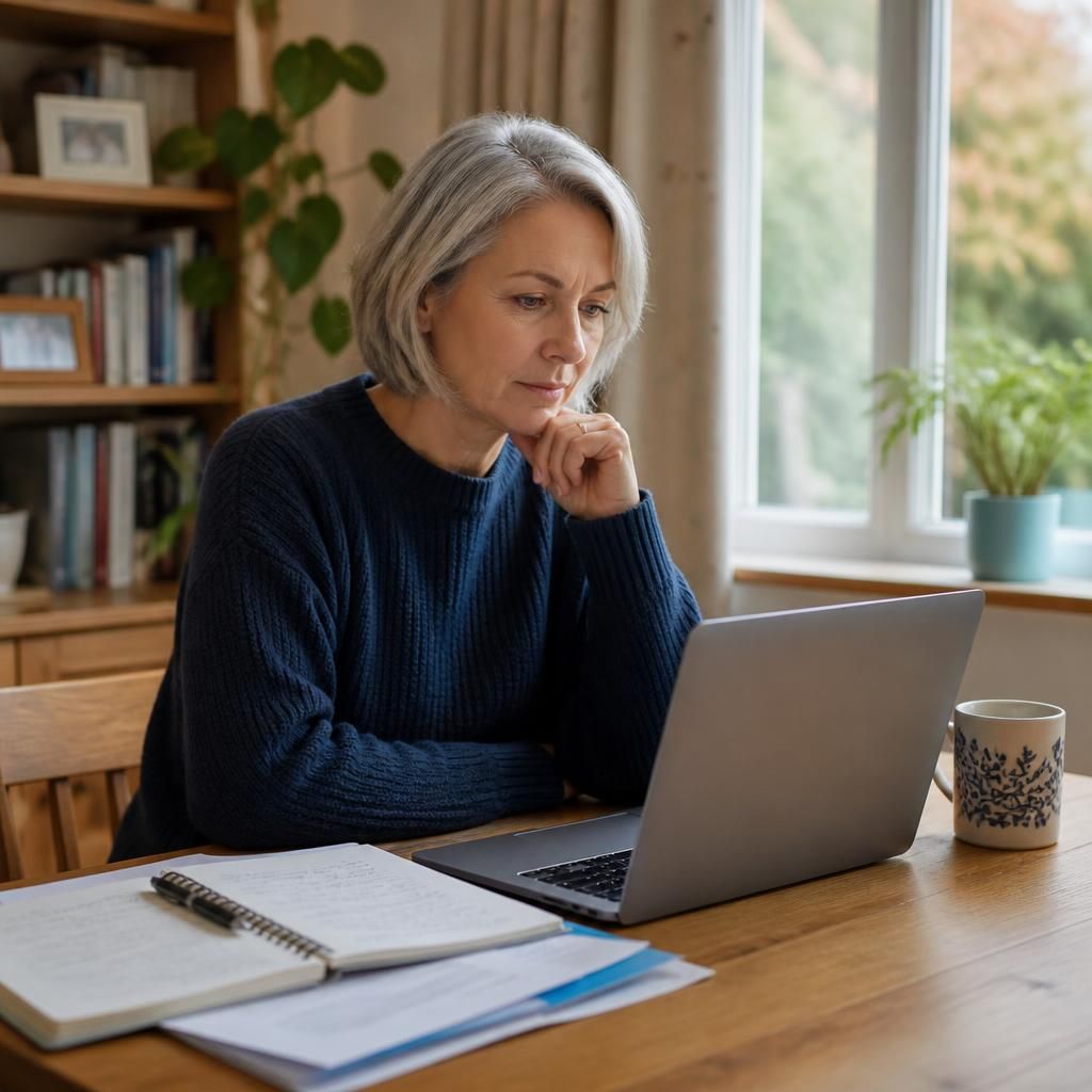 Kinship carer checking guidance on a laptop beside printed notes