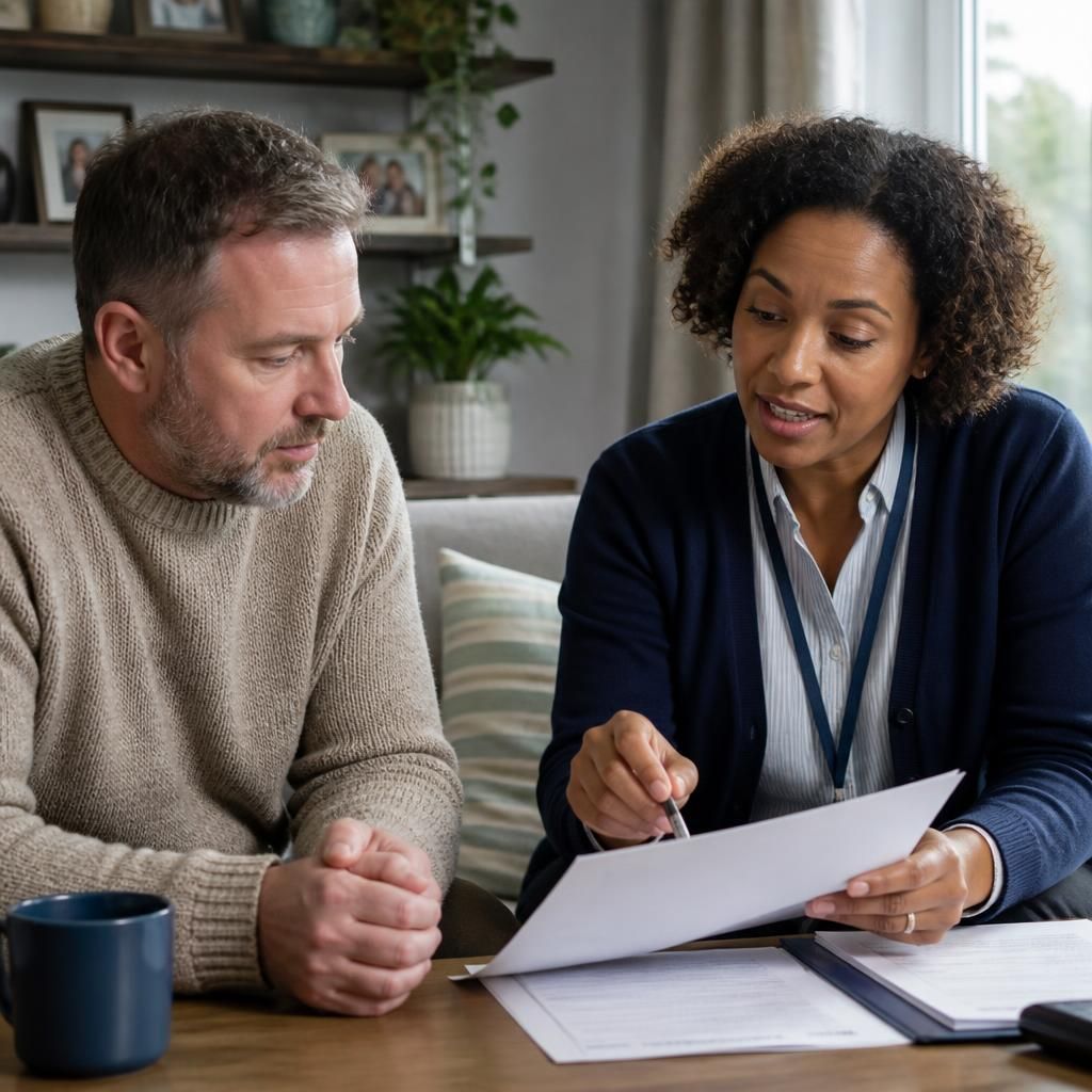 Foster carer reviewing updated placement payment details with a social worker