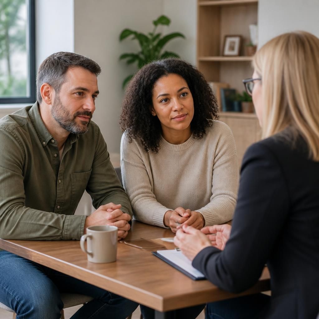 Couple speaking with a fostering adviser at a table