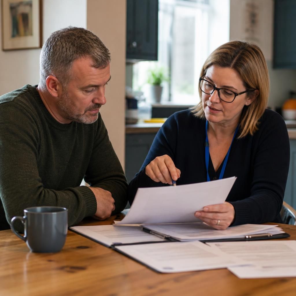 Foster carer reviewing assessment documents with a social worker