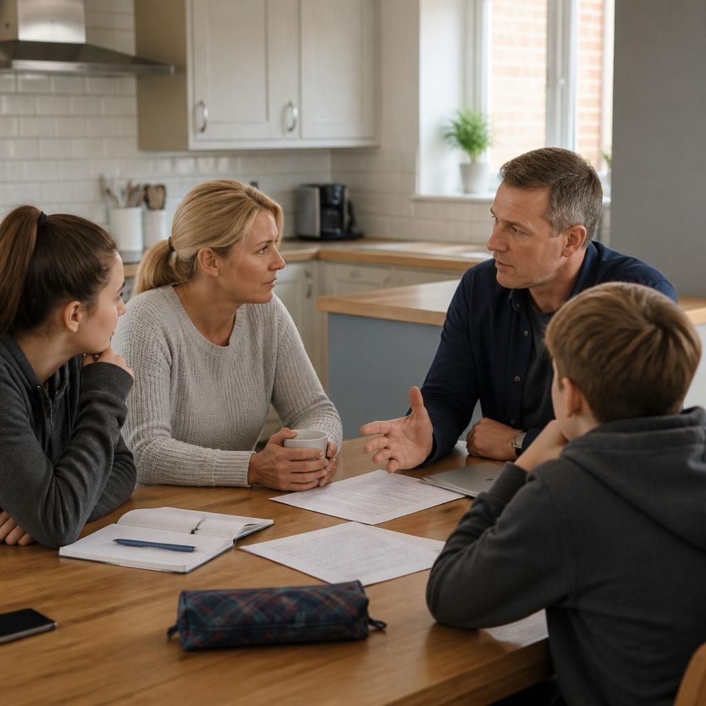 Family members discussing household arrangements around a kitchen table