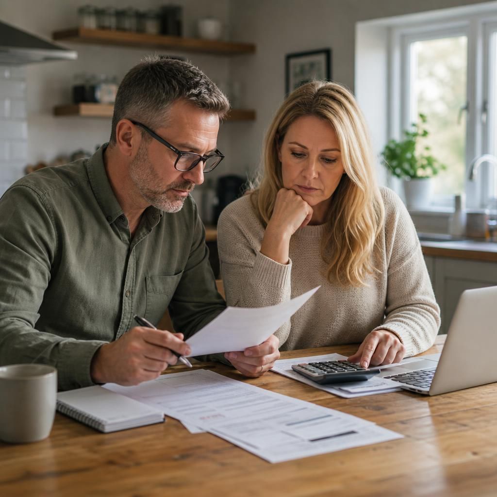 Foster carer reviewing allowance paperwork and household budgeting documents