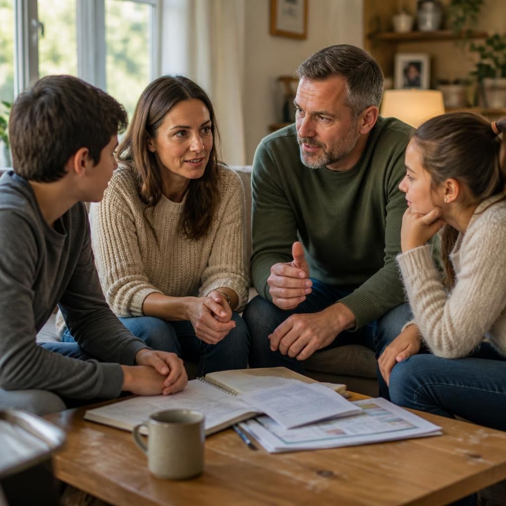 Family members discussing plans and responsibilities together