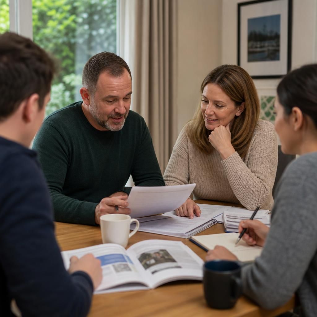 Prospective foster carers discussing training materials around a table