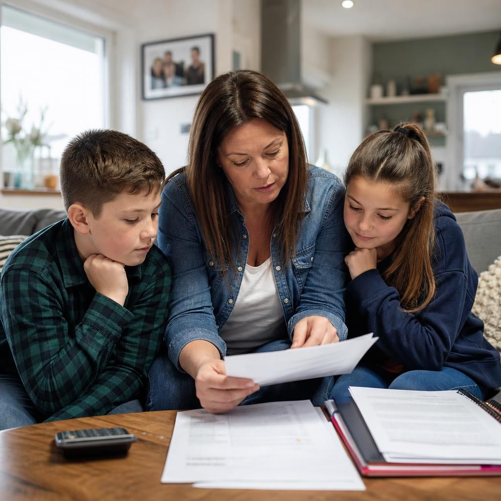 Foster carer reviewing placement paperwork with two siblings at home