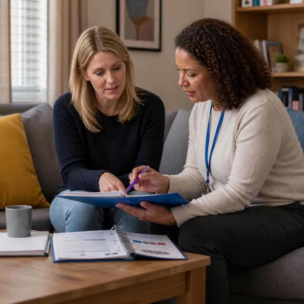 Foster carer discussing training materials with a supervising professional