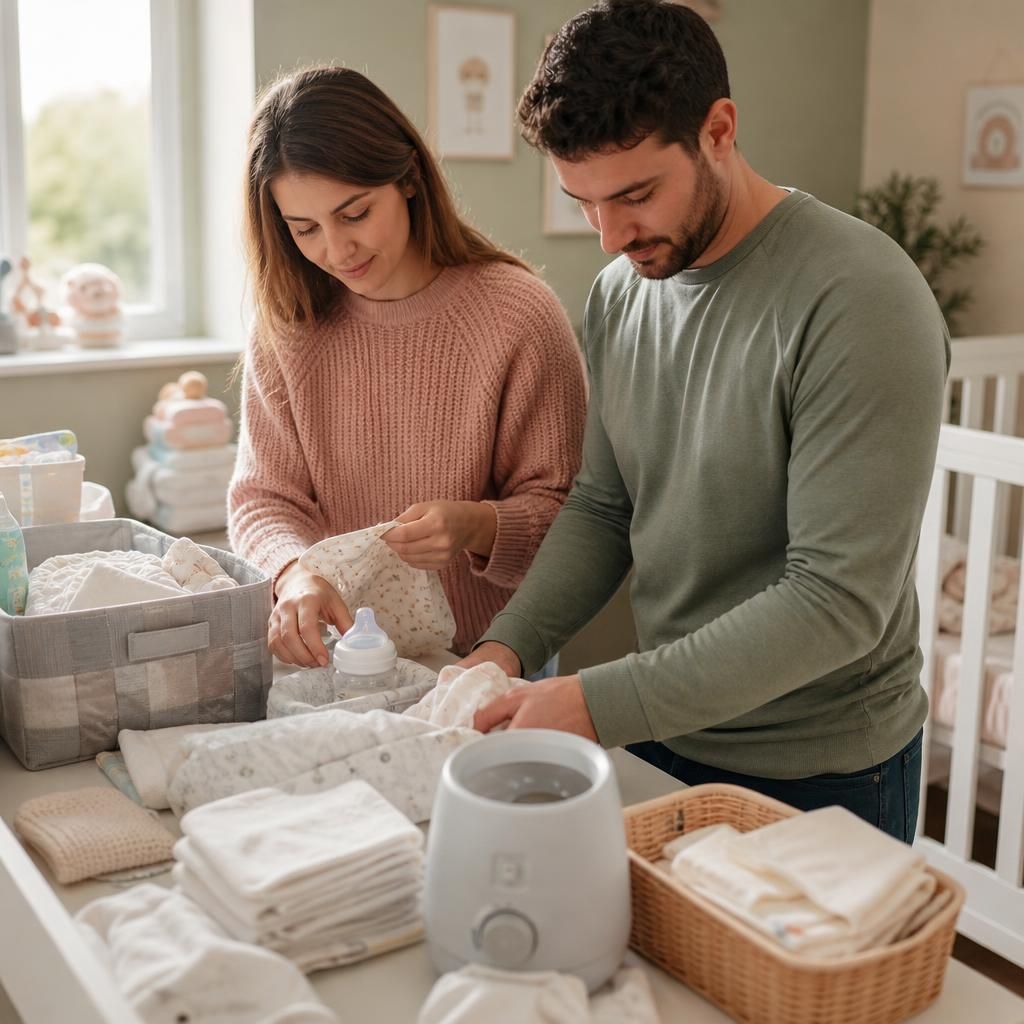 Foster family preparing equipment and supplies for an infant's daily care