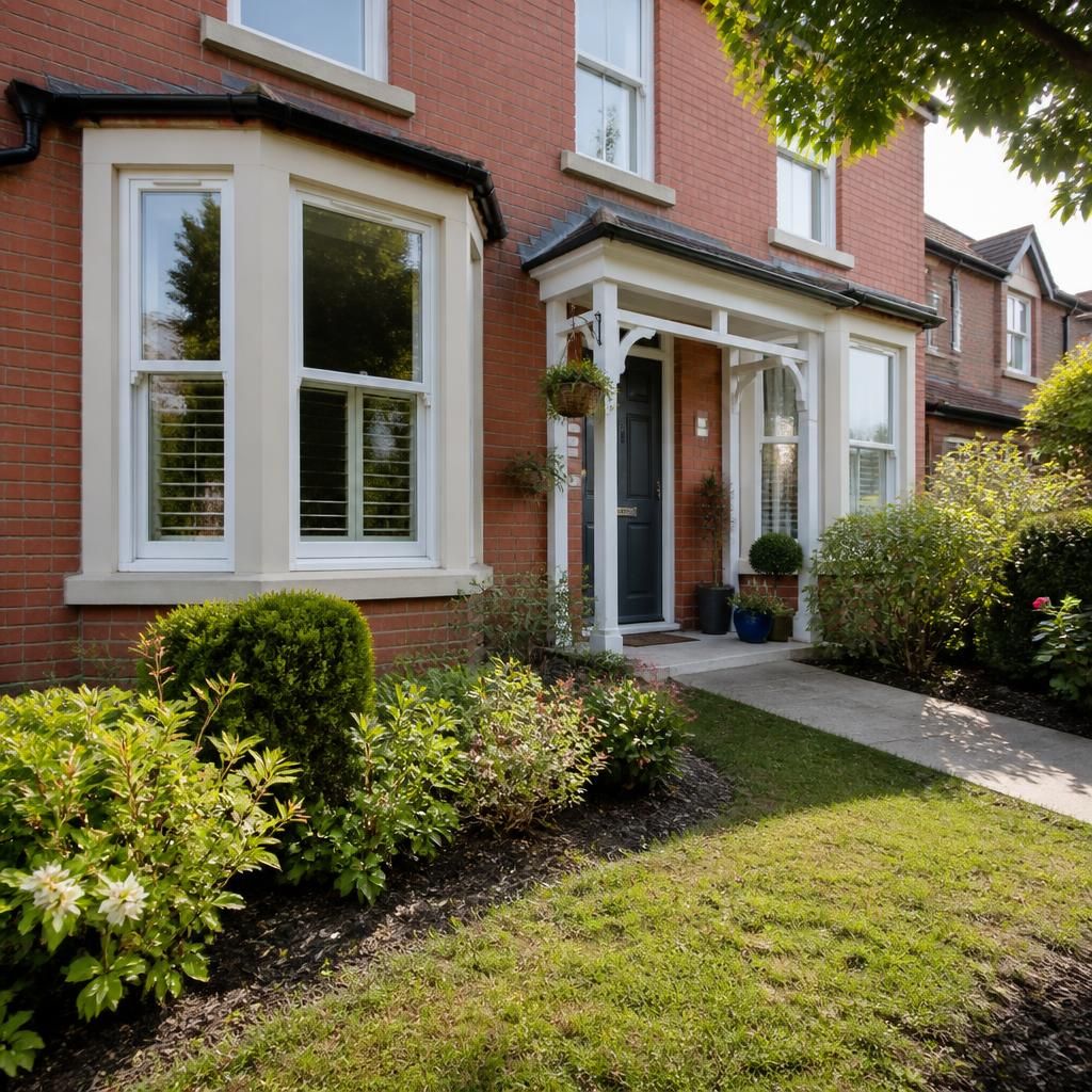 Family home with a front door, windows and garden