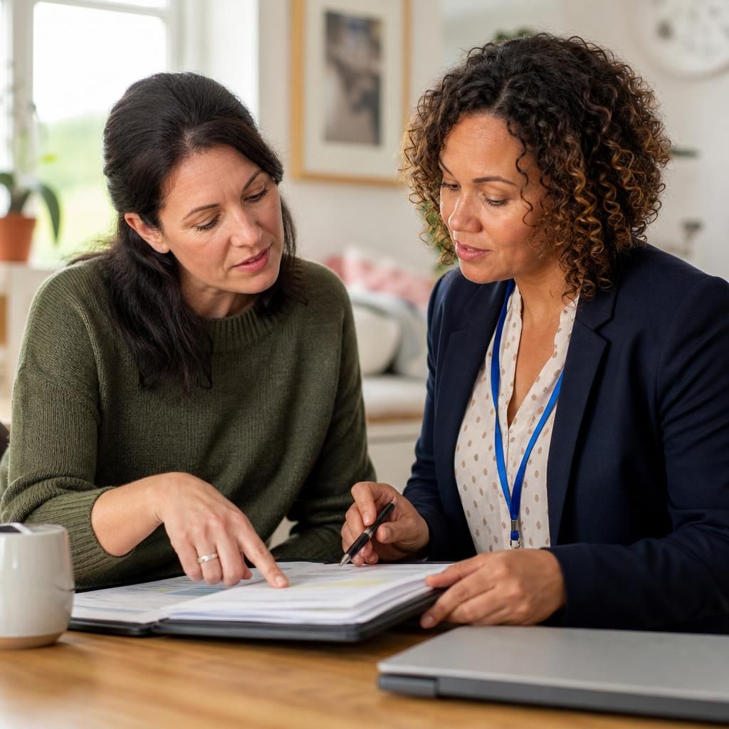 Foster carer and social worker reviewing a safer caring plan