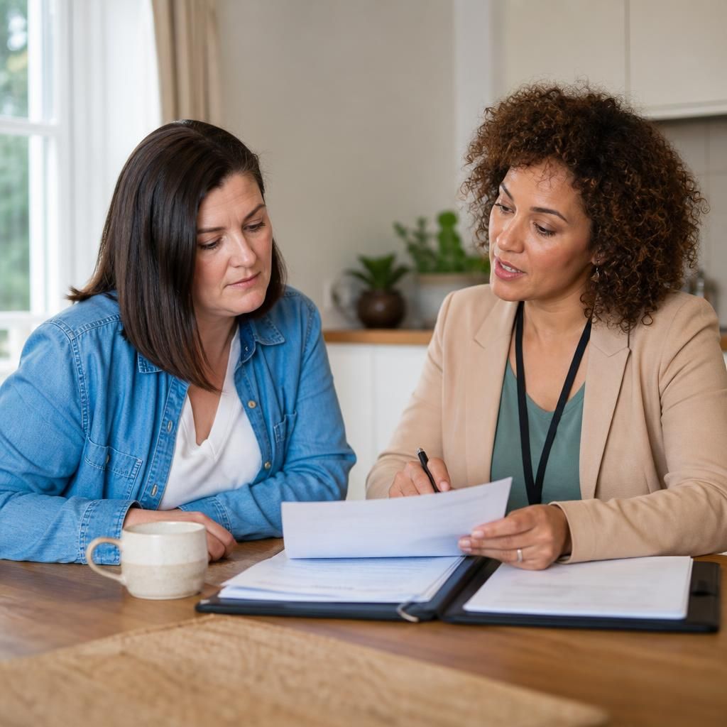 Foster carer and social worker discussing assessment paperwork at a table