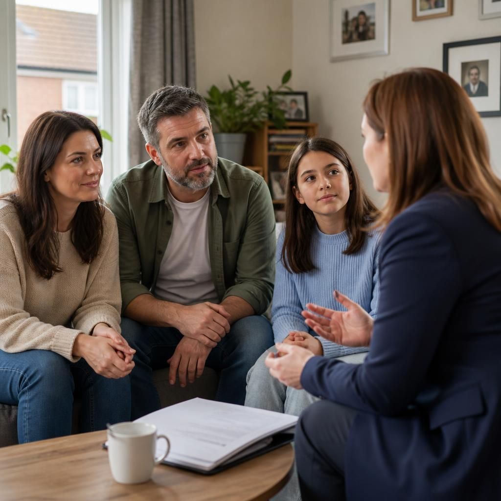 Social worker speaking with a family during a fostering home visit
