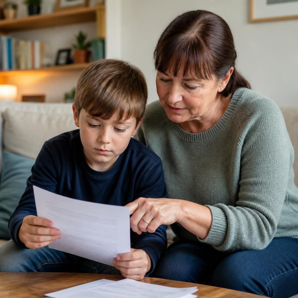 Relative and child sitting together at home