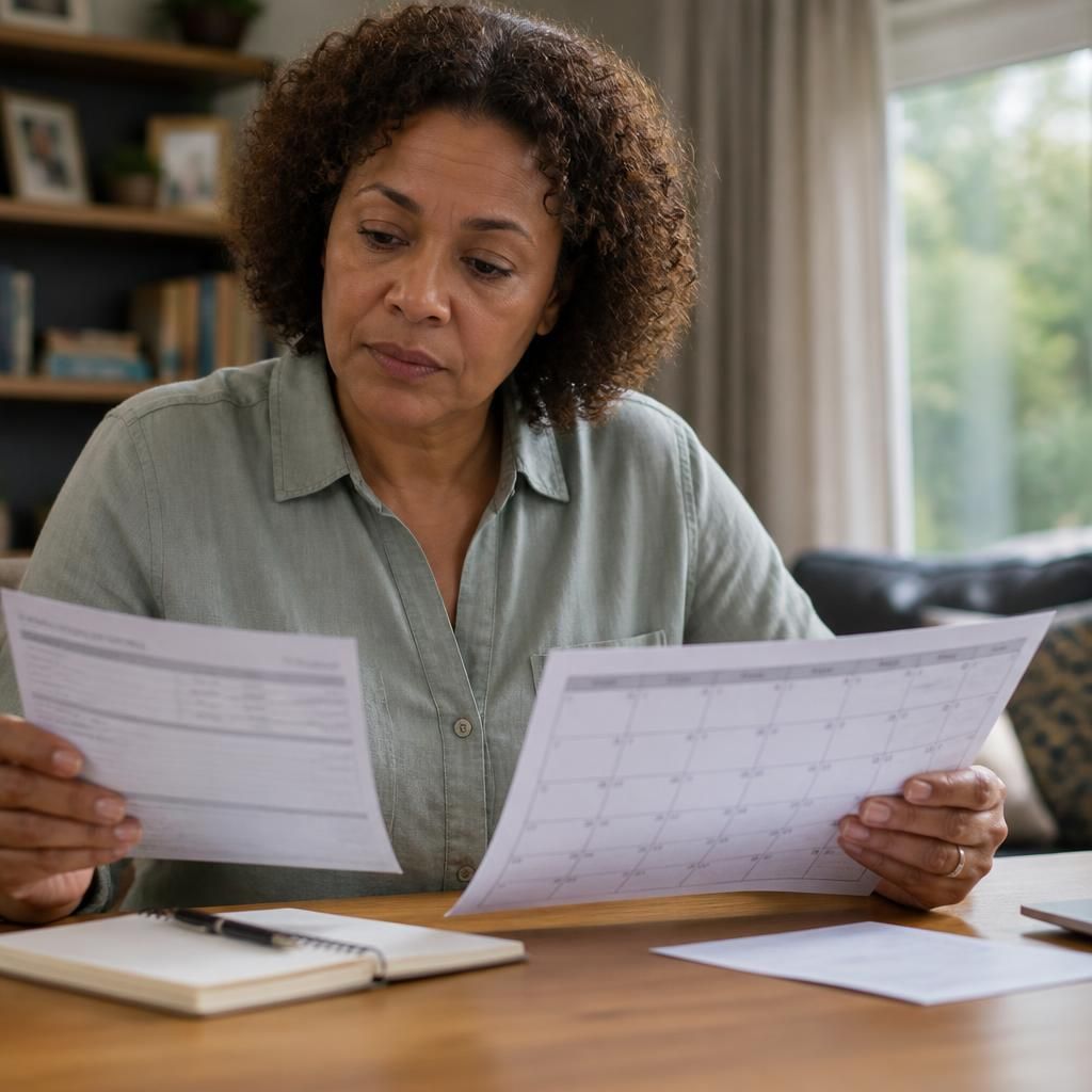 Kinship carer reviewing a payment calendar and bank statement at home