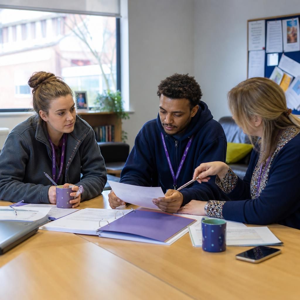 Residential care staff discussing a young person’s care plan during a team meeting