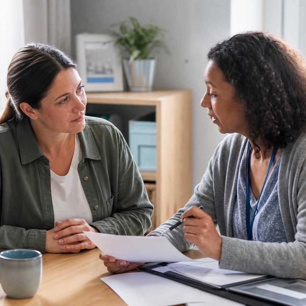Foster carer discussing transfer documents with a social worker at a table