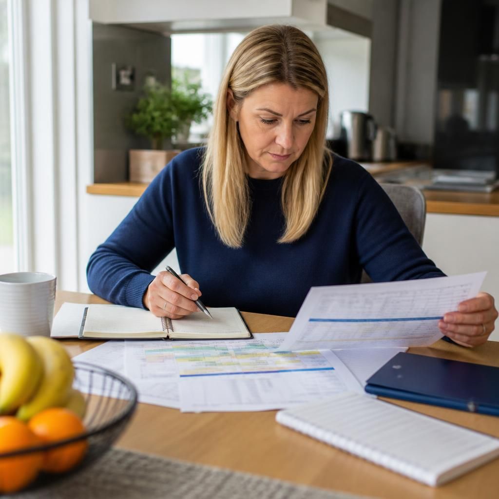 Foster carer reviewing a work rota and school timetable at a kitchen table