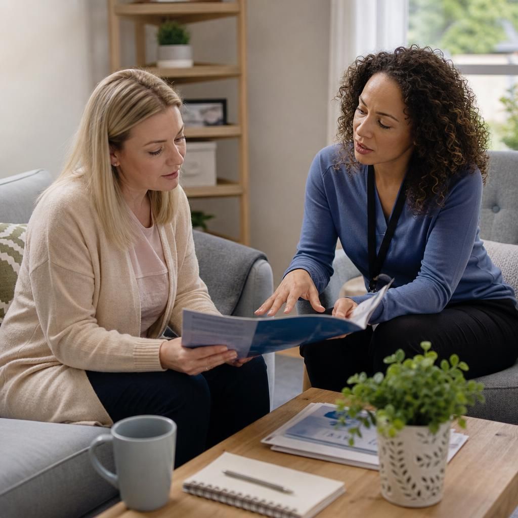 Foster carer discussing training materials with a social worker