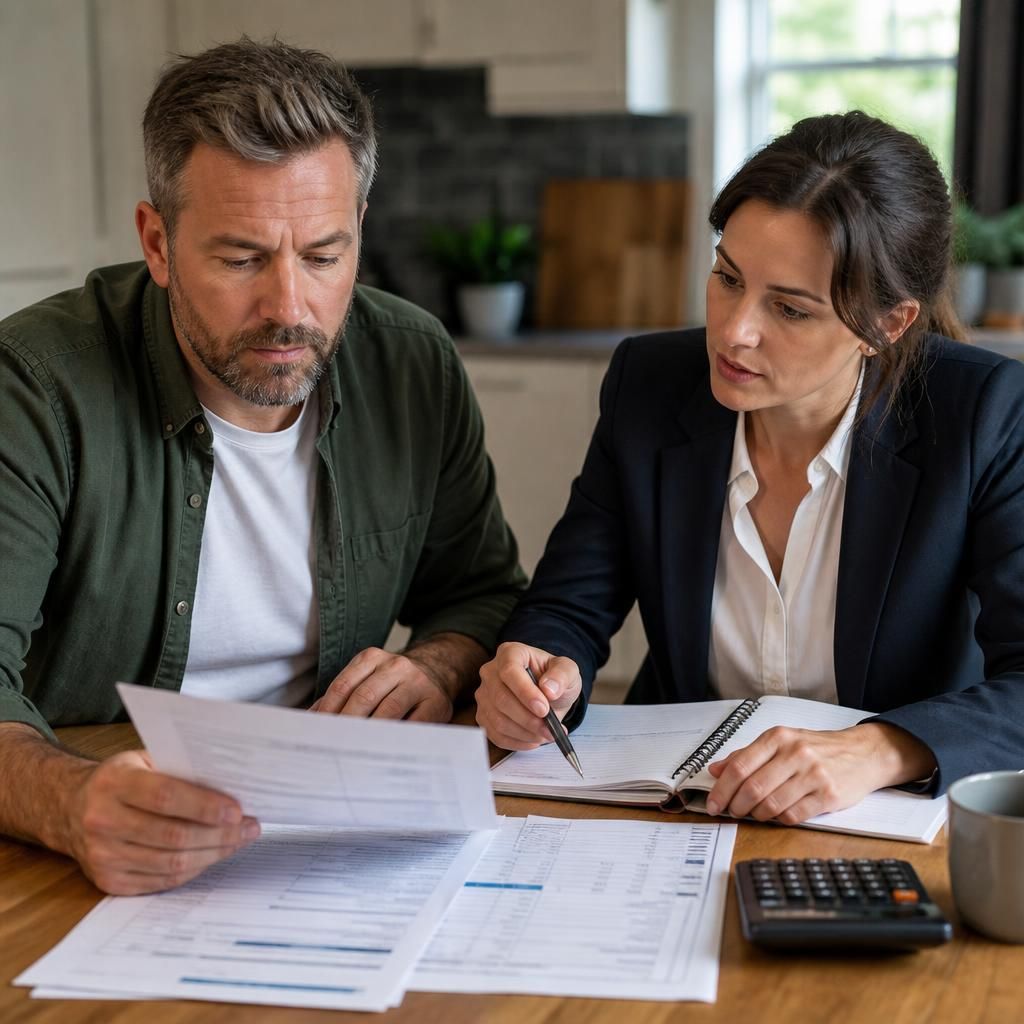 Prospective foster carer reviewing household budget documents with an adviser