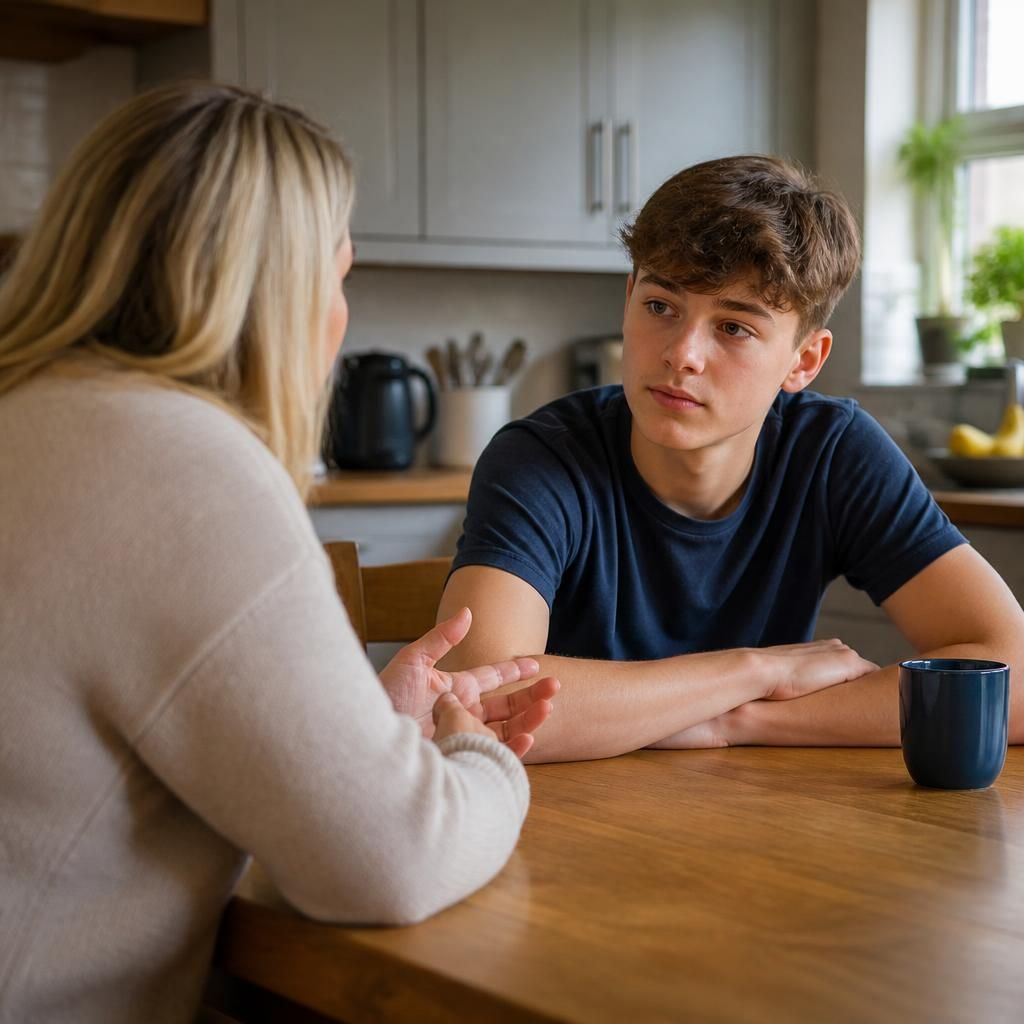 Foster carer talking with a teenager at a kitchen table