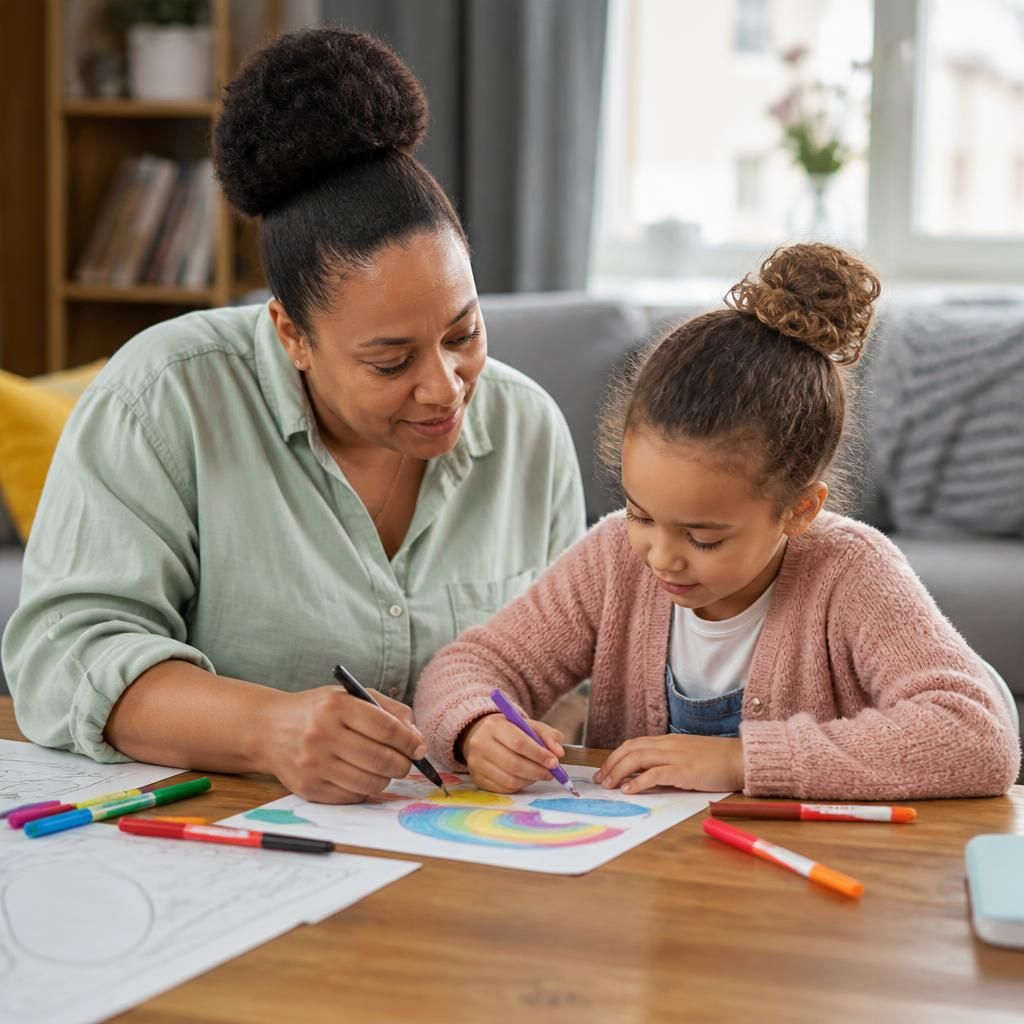 Foster carer helping a child complete a creative activity