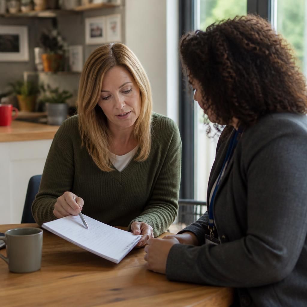 Foster carer discussing placement notes with a supervising social worker