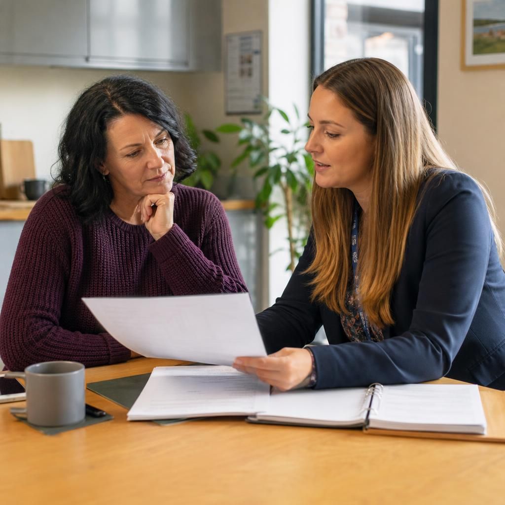 Foster carer reviewing special fostering payment information with a professional