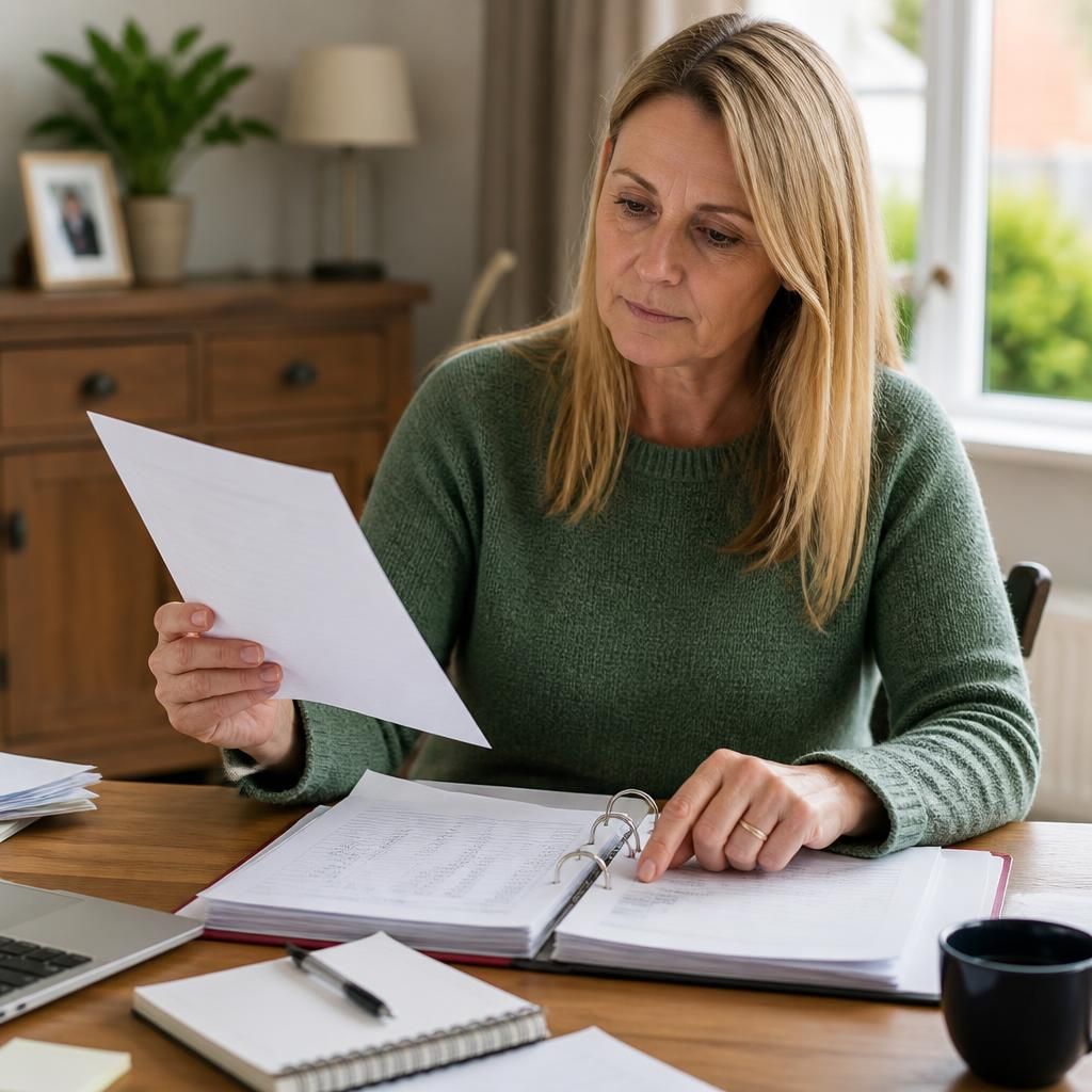 Foster carer reviewing placement dates and payment records at a desk
