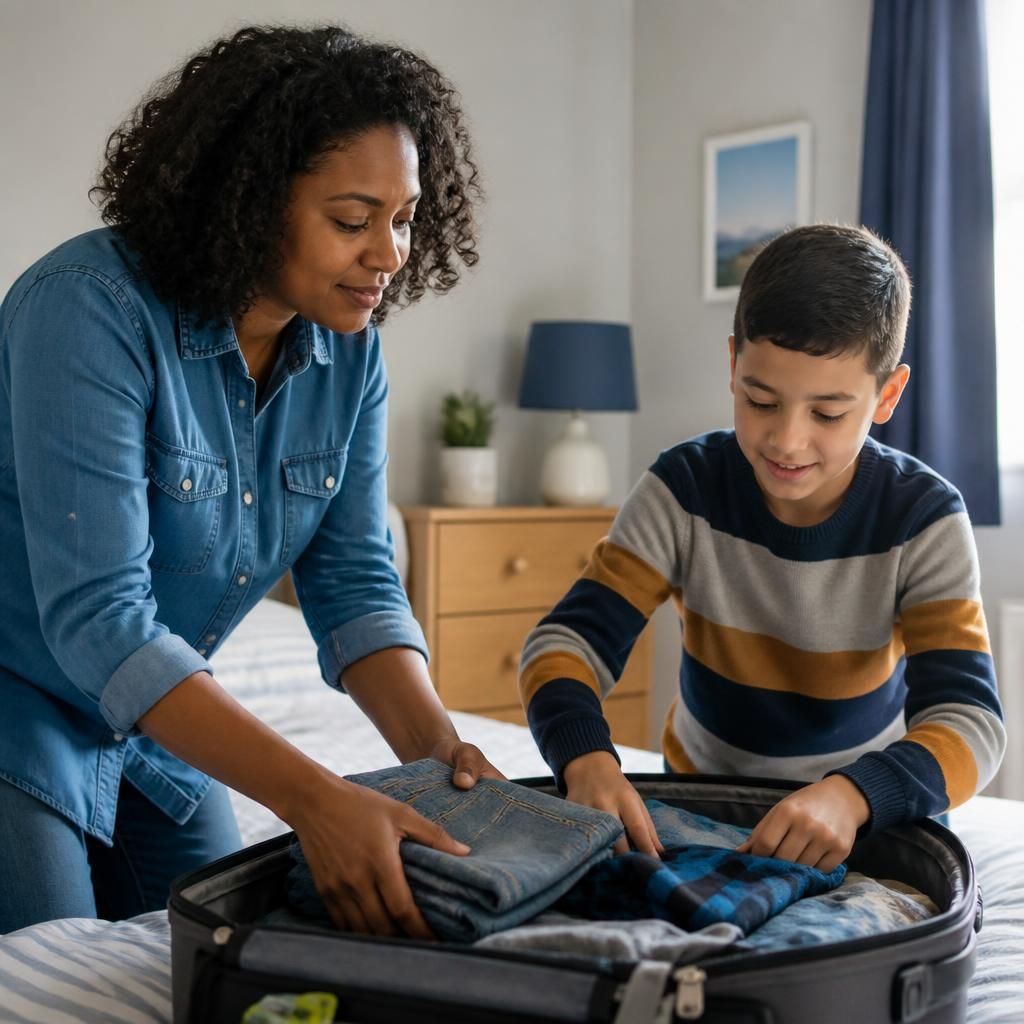 Foster carer helping a child pack clothes and belongings into a travel bag