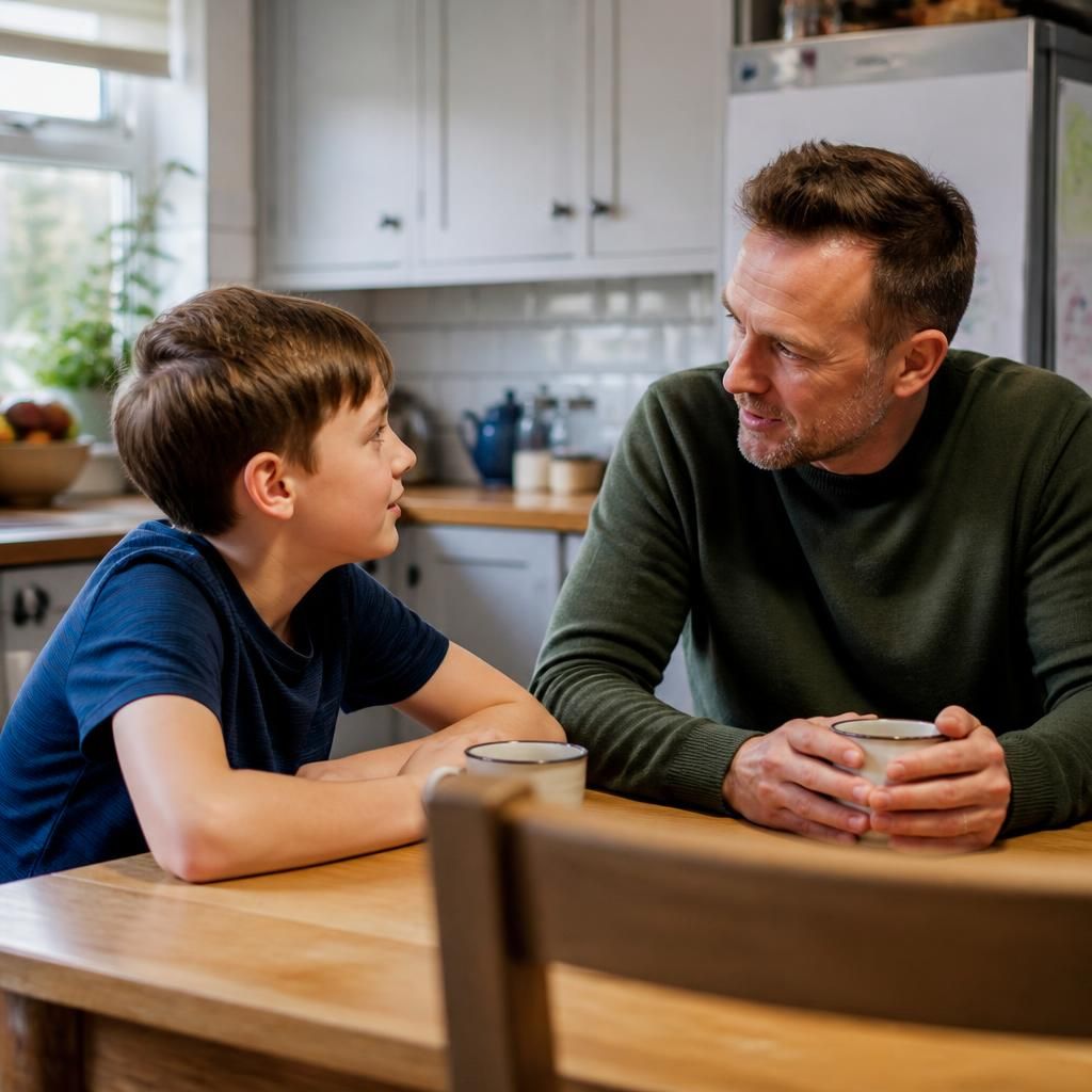 Foster carer and child sitting together at a kitchen table