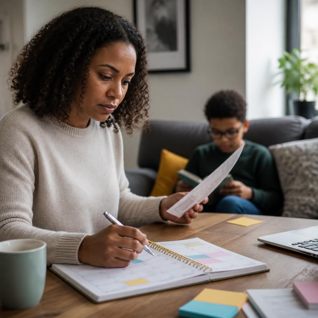 Single parent reviewing a work calendar and childcare arrangements at home