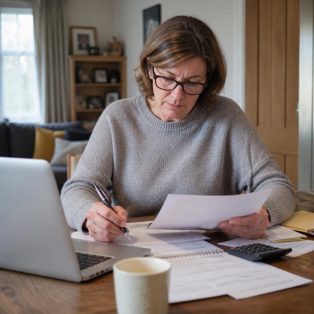 Kinship carer reviewing payment records and placement documents at home