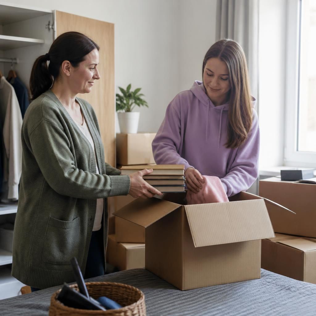 Young adult packing belongings with a former foster carer before moving home