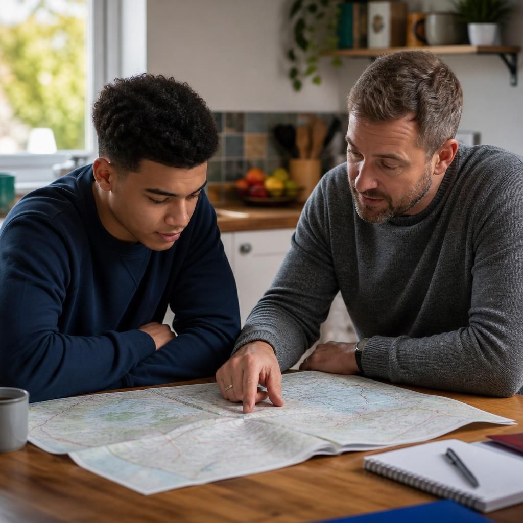 Young person and adult looking at a map while discussing future plans