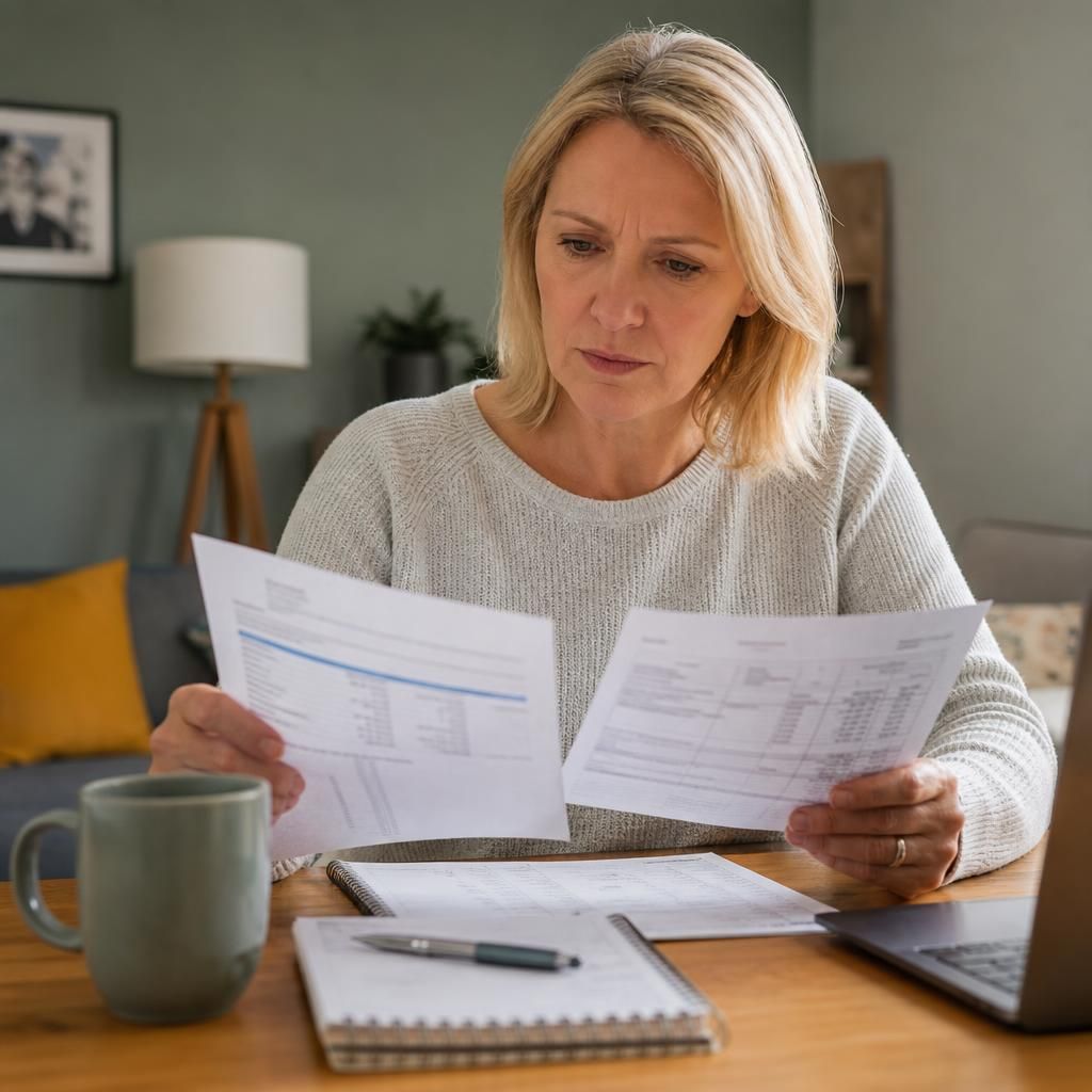 Foster carer reviewing bank statements and savings records at home