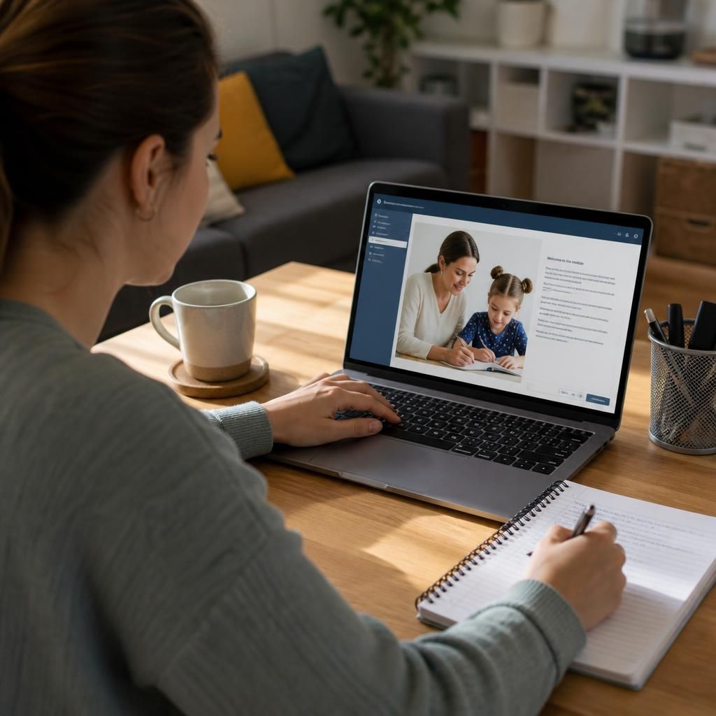 Person completing an online fostering training module on a laptop with notes beside it