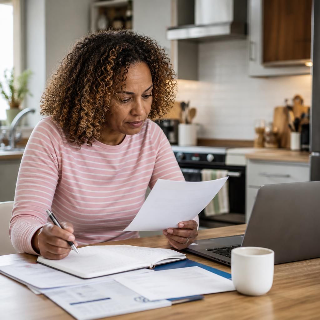 Foster carer reviewing work and childcare arrangements at a kitchen table