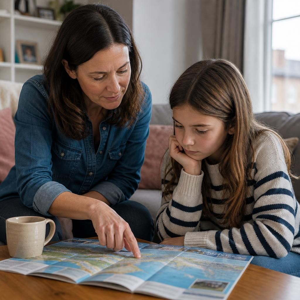 Foster carer and child reviewing a holiday itinerary together