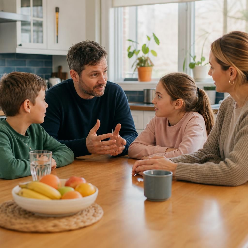 Parent and children talking together at a kitchen table