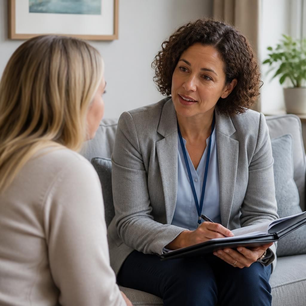 Foster carer speaking with a supervising social worker during a home visit