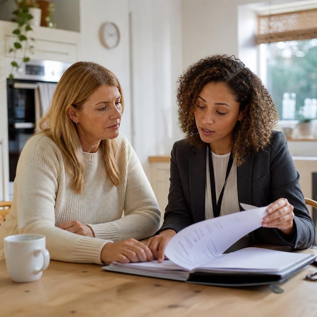 Foster carer reviewing transfer documents with a social worker