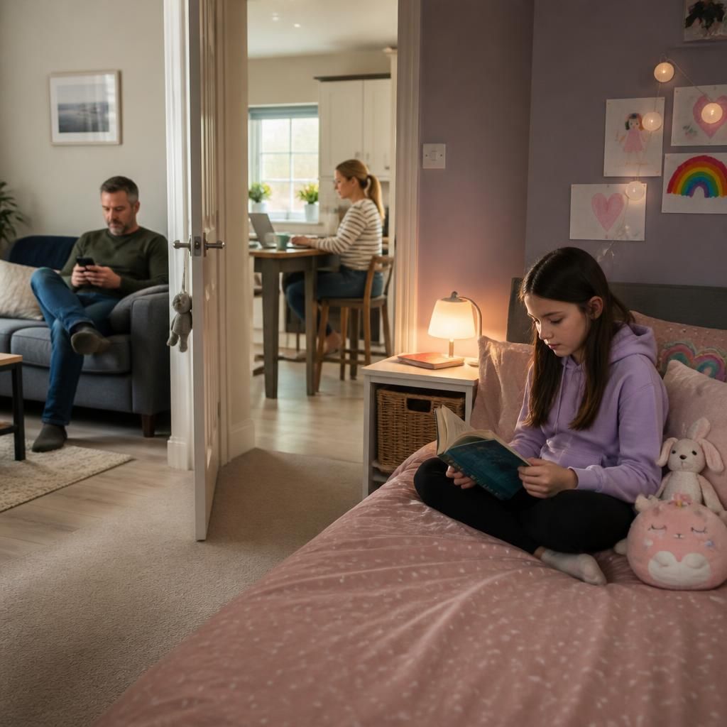 Family members using separate areas of a shared home while a child reads quietly in a bedroom