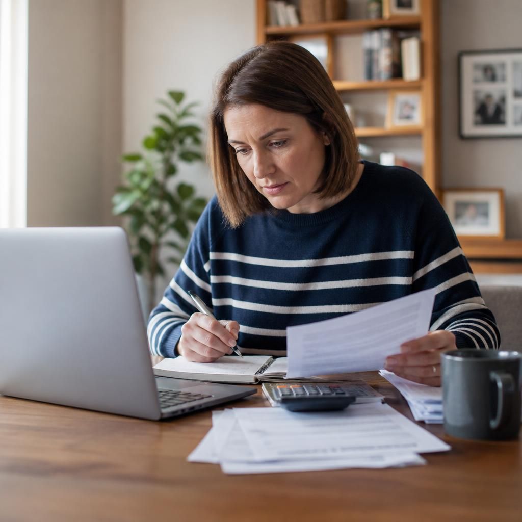 Foster carer reviewing employment and fostering records at a desk